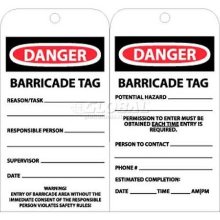 NATIONAL MARKER CO NMC Tags, Danger Barricade Tag, 6in X 3in, White/Red/Black, 25/Pk RPT172